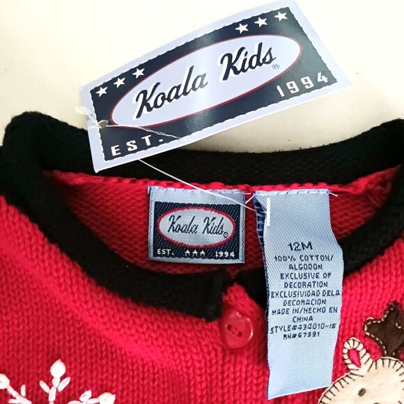 NWT Koala Kids Christmas Cardigan 12M Red Cotton Snowman XMas Tree Deer Applique - Picture 2 of 7